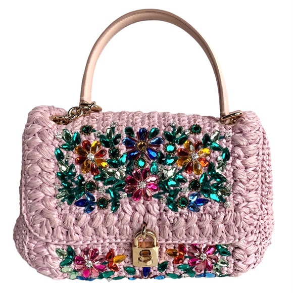 DOLCE & GABBANA MISS DOLCE PINK RAFFIA CRYSTAL LEATHER HANDBAG - Picture 10 of 14